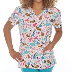 NWT Women’s Large Yappy Pups Dog Print Scrubfinity Stretch PerformX Scrub Top
